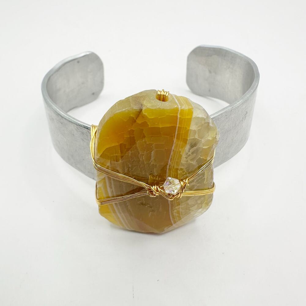 Golden Calcite Cuff Bracelet Wrapped Chunky Stone Boho Modern Silver tone
